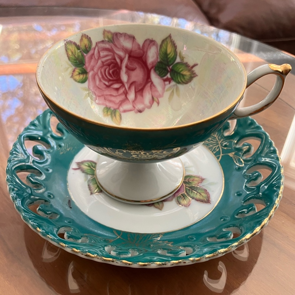 Royal Halsey teacup & filigree saucer Lusterware, green, hand painted, beautiful